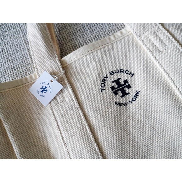 NEW TORY BURCH Natural Mini Mercer Beach Tote Small Handbag Ivory Canvas - Picture 2 of 6
